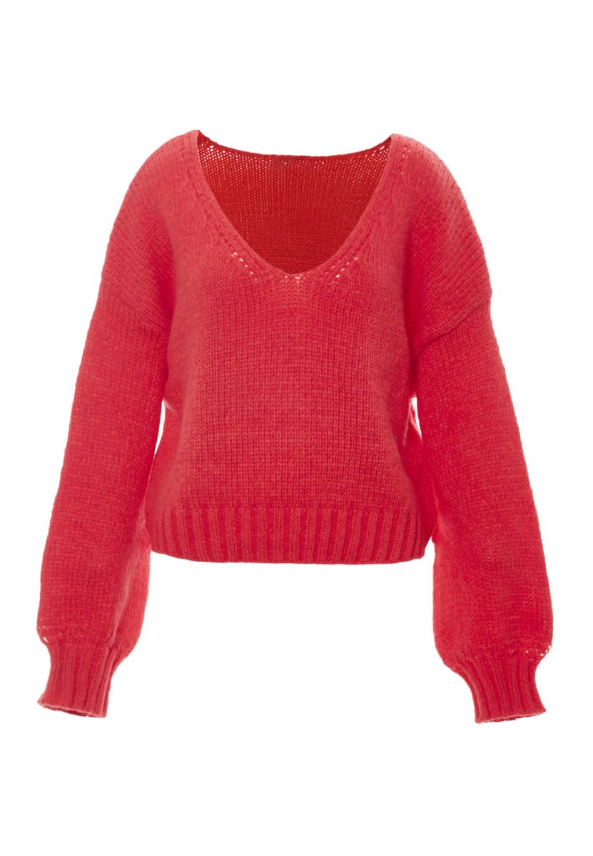 Entspannter V-Ausschnitt-Pullover mit Ballonärmeln