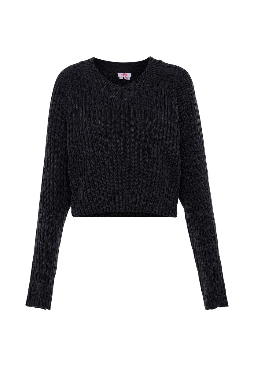 Grob gerippter V-Ausschnitt Crop-Pullover