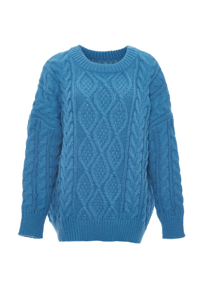 Oversized Zopfstrick-Pullover mit Rundhalsausschnitt