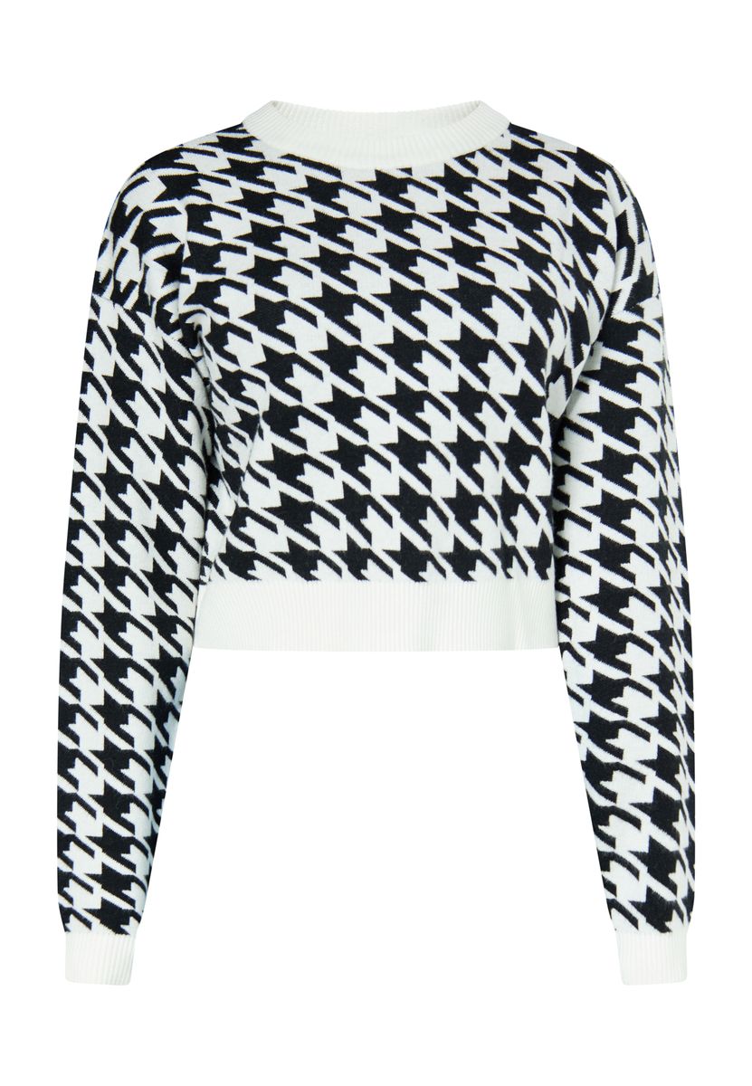 Kurzer Jacquard-Strickpullover mit Hahnentrittmuster