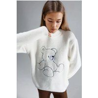 Oversize Plüschpullover mit Teddybär-Stickerei