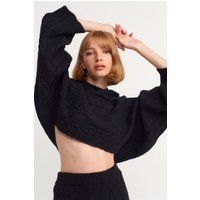 Oversize Crop-Kapuzenpullover mit Zopfmuster