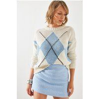 Grober Argyle-Strickpullover mit Rundhalsausschnitt