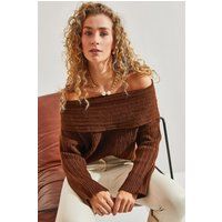 Schulterfreier gerippter Strickpullover