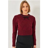 Verzierter Crop-Pullover mit Puffärmeln