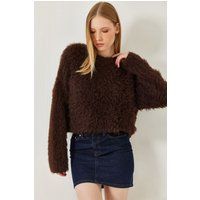 Strukturierter Plüsch-Crop-Pullover mit Rundhals