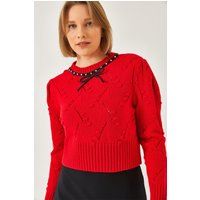 Strukturierter Crop-Strickpullover mit Zierperlen