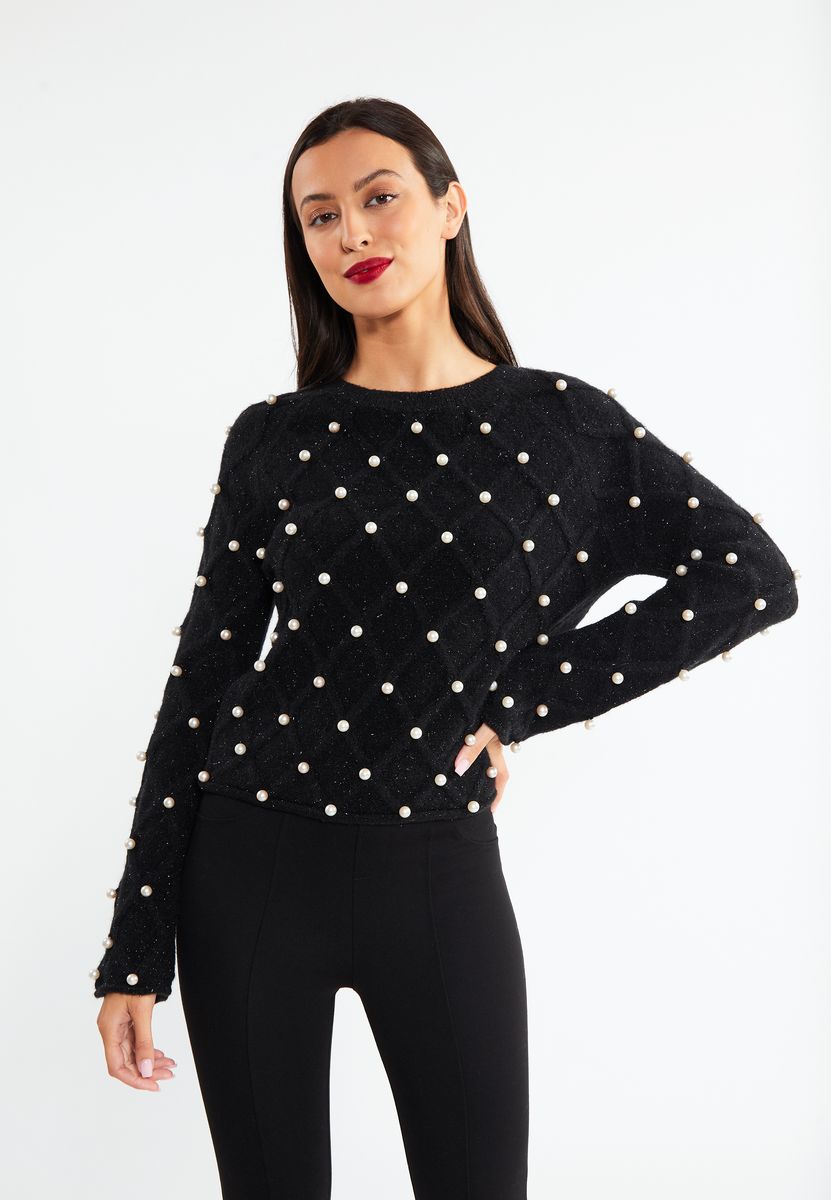 Strickpullover mit Perlenbesatz und Rautenmuster