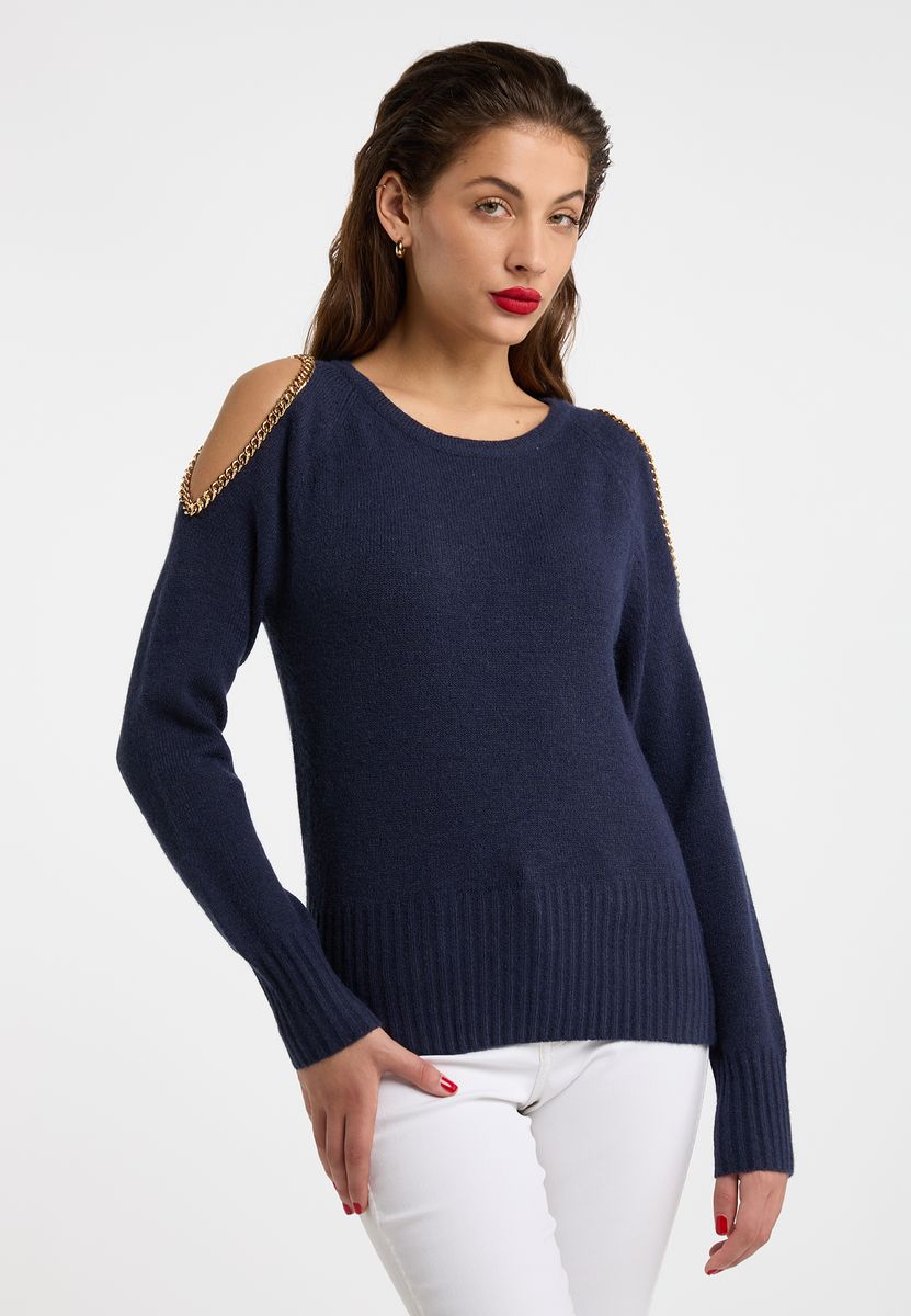 Feinstrickpullover mit Cut-Out-Schultern und Ketten