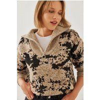 Grafik-Strickpullover mit Reißverschlusskragen