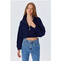 Gerippter Cropped-Pullover mit Reißverschluss