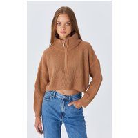 Gerippter Troyer-Strickpullover mit Reißverschluss