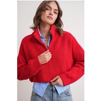 Gerippter Cropped-Pullover mit Reißverschlusskragen