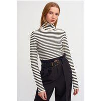 Gestreifter Rippstrick-Rollkragenpullover
