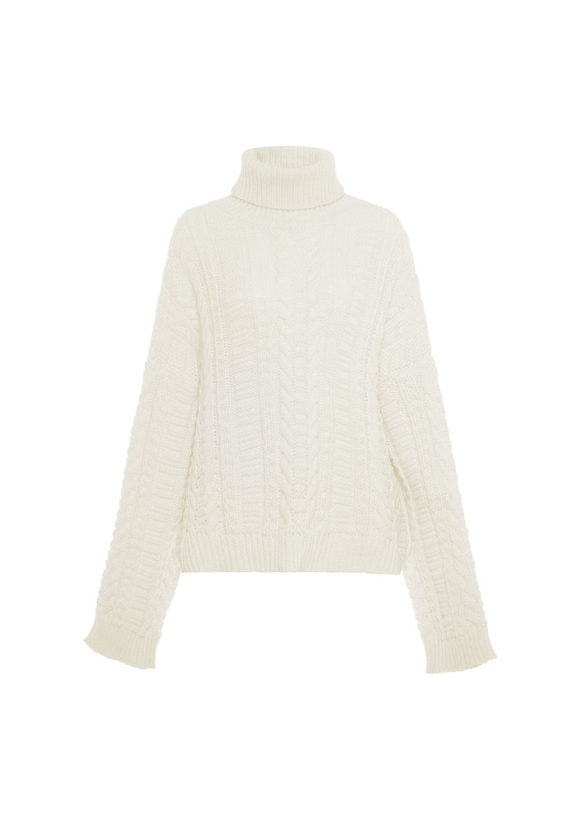 Grob gestrickter Zopfmuster-Rollkragenpullover