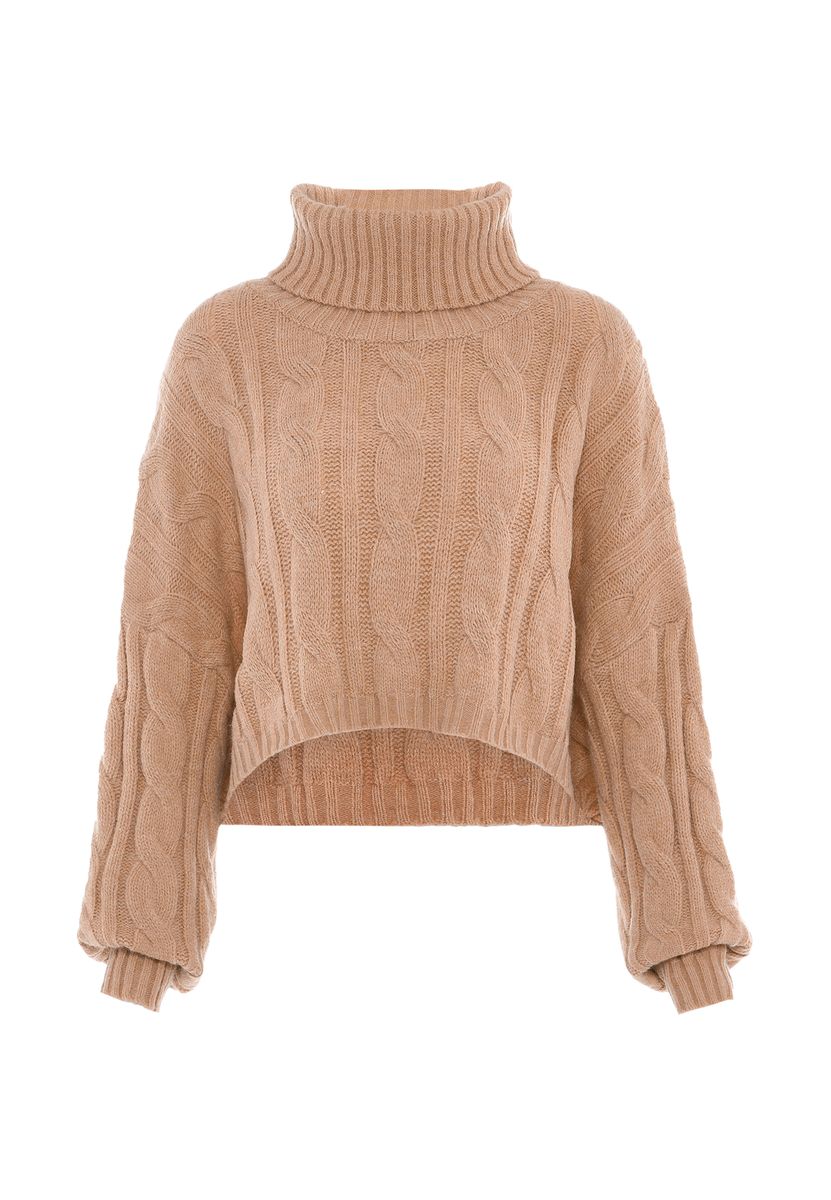 Zopfstrick-Rollkragenpullover mit High-Low-Saum