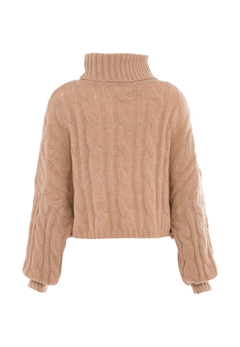Zopfstrick-Rollkragenpullover mit High-Low-Saum