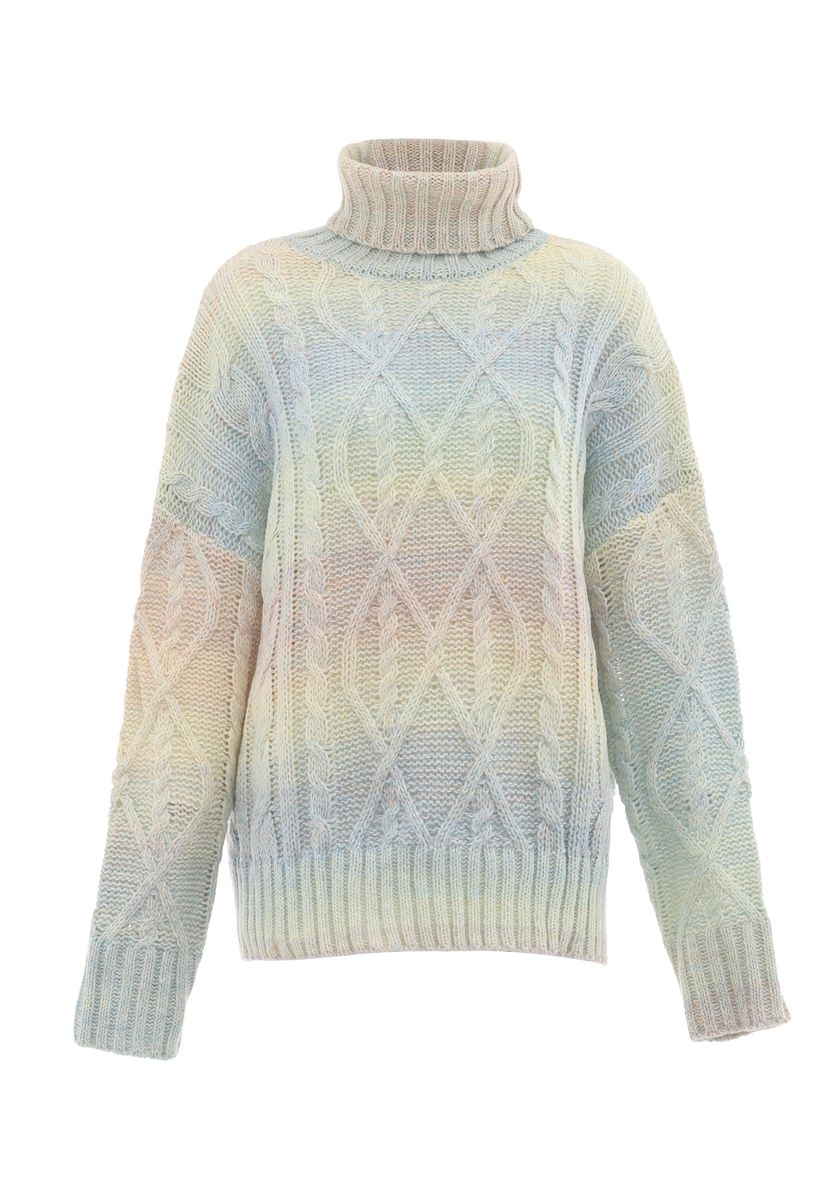 Grober Zopfstrick-Rollkragenpullover mit Farbverlauf