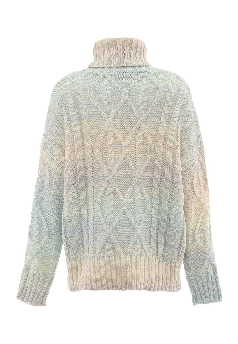 Grober Zopfstrick-Rollkragenpullover mit Farbverlauf