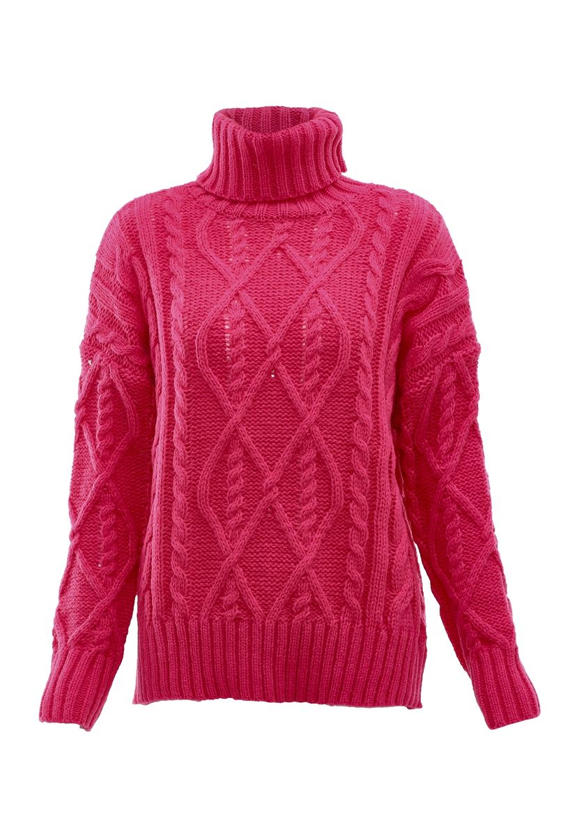 Grobstrick-Rollkragenpullover mit Zopfmuster