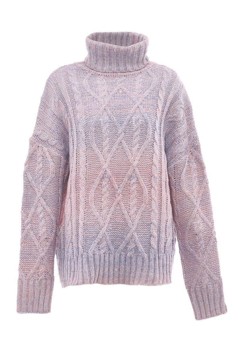 Grobstrick-Rollkragenpullover mit Zopfmuster