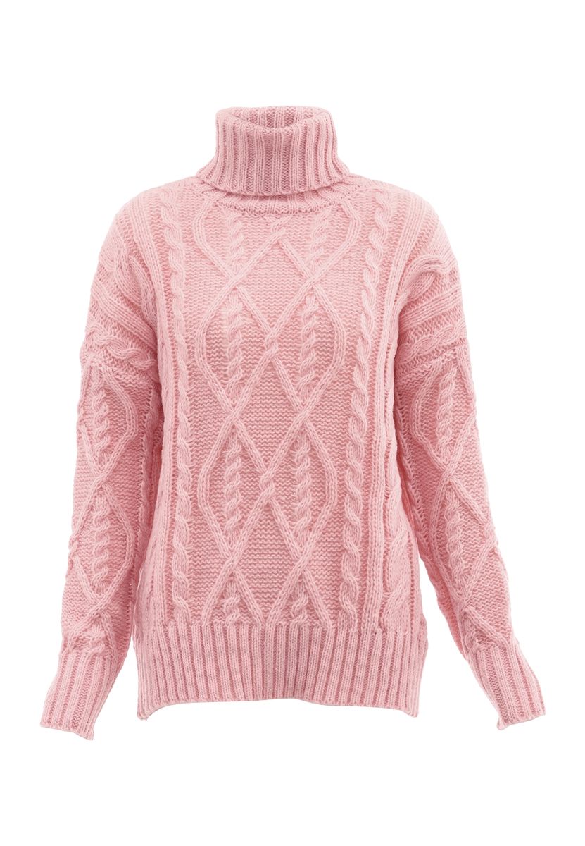 Grobstrick-Rollkragenpullover mit Zopfmuster