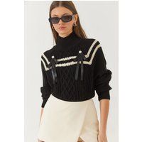 Zopfstrick-Rollkragenpullover mit Schleifen-Details