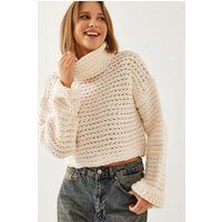 Strukturierter Grobstrick-Kurzpullover mit Rollkragen