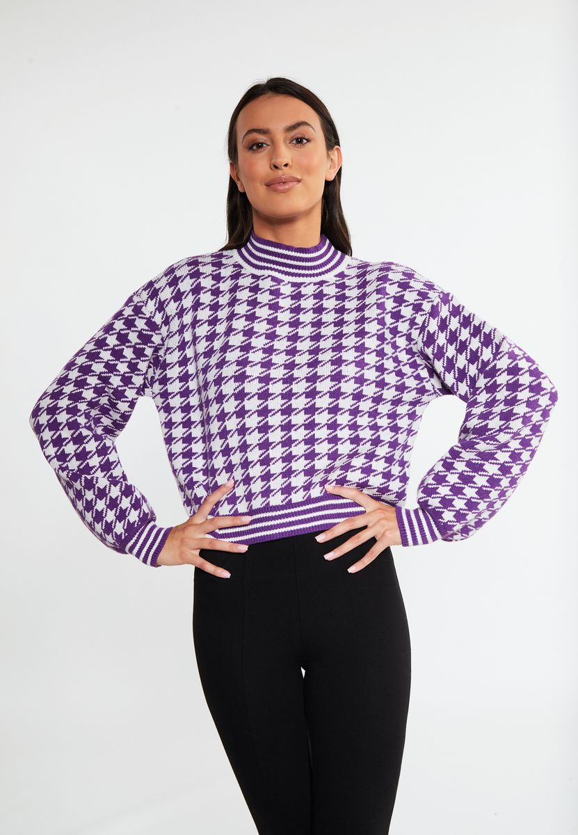 Strickpullover mit Hahnentritt und Stehkragen