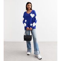 Oversize-Pullover mit V-Ausschnitt und Herzmuster