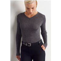 Eng anliegender Rippenpullover mit V-Ausschnitt