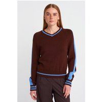 Gestreifter V-Ausschnitt Rippstrickpullover