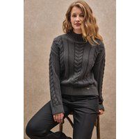Grobstrick-Pullover mit Zopfmuster und Stehkragen