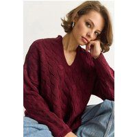 Lässiger V-Ausschnitt-Zopfstrickpullover