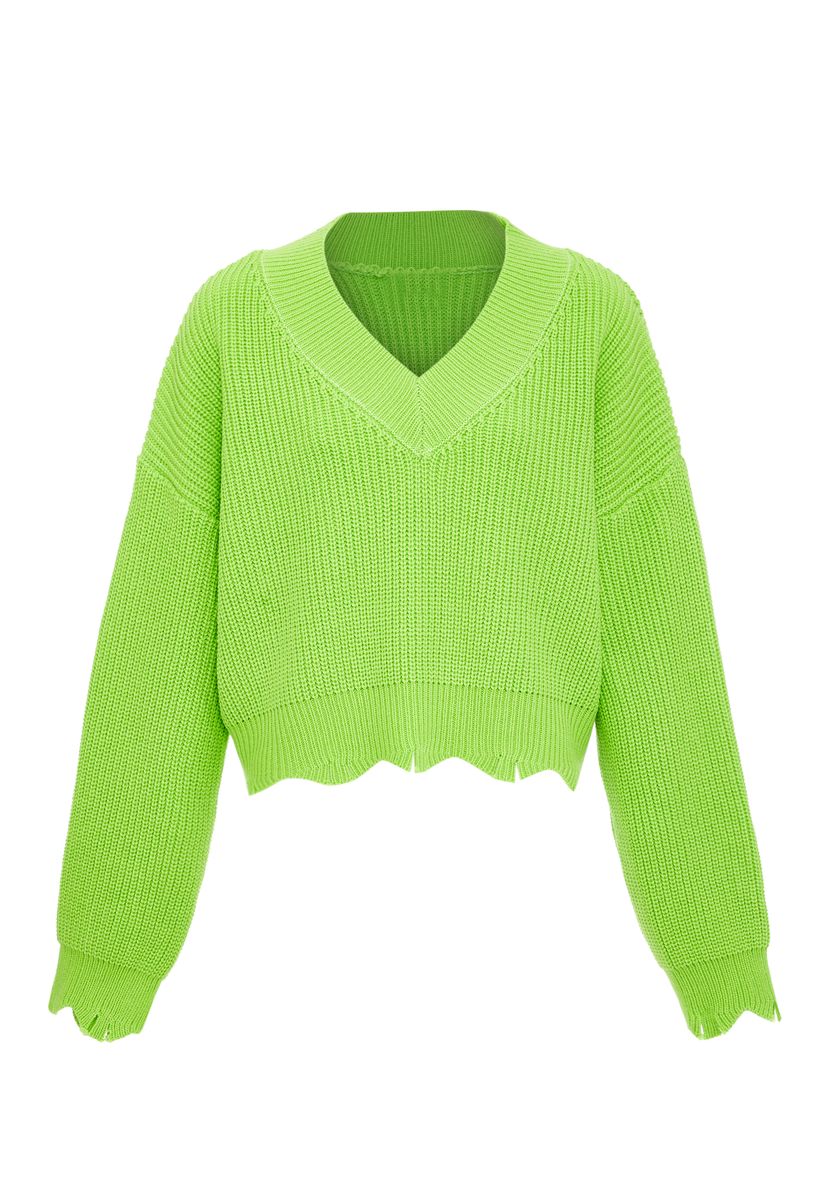 Kurzer V-Ausschnitt Rippstrick-Pullover