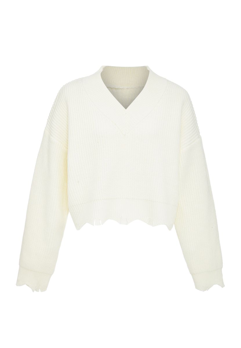 Kurz geschnittener Rippstrick-V-Pullover