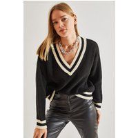 Preppy Rippstrick-Pullover mit V-Ausschnitt