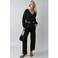V-Ausschnitt Cardigan und Weite Strickhose Set