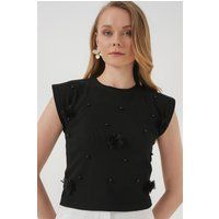 Geripptes Crop-Top mit Blüten-Applikation