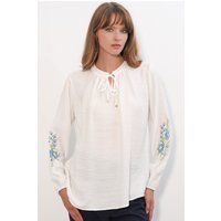 Bestickte Krepp-Bluse mit Bindeband