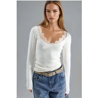 Langarm-Rippshirt mit Spitzenbesatz