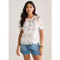 Florale Dobby-Chiffon-Bluse mit Puffärmeln