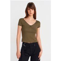 Crop-Top mit V-Ausschnitt und Spitzenborte