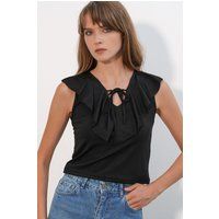 Kurze Strickbluse mit Volants und Bindedetail