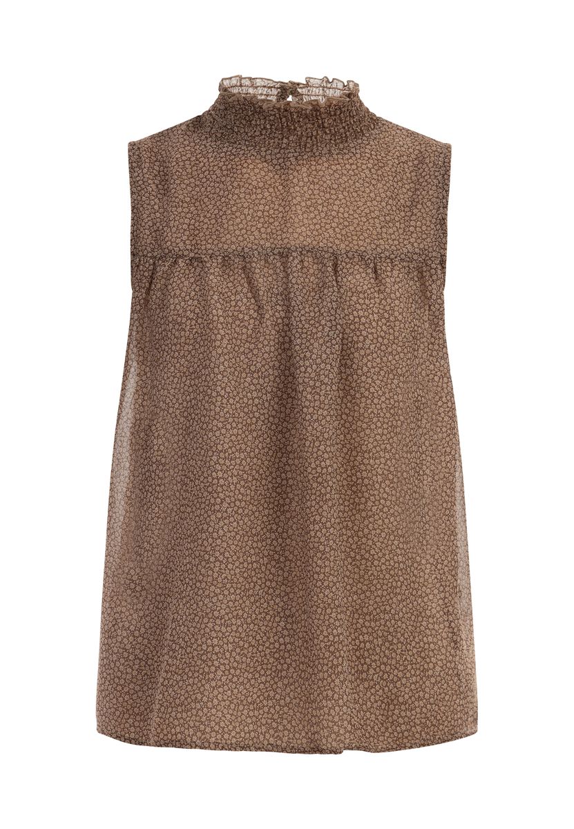 Ärmellose Bluse mit Rüschenkragen und Blumendruck