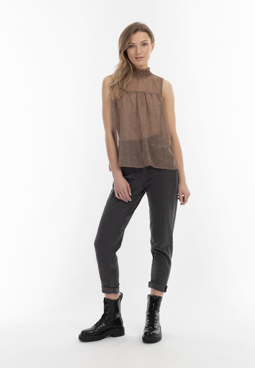 Ärmellose Bluse mit Rüschenkragen und Blumendruck