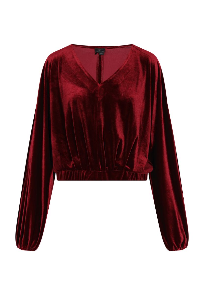 Glänzendes Samt-Blouson-Top mit V-Ausschnitt