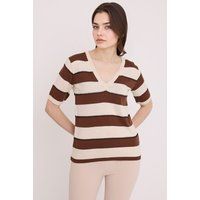 Gestreiftes Strickoberteil mit V-Ausschnitt