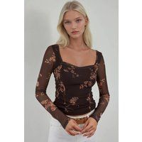 Florales Mesh-Oberteil mit Herzausschnitt