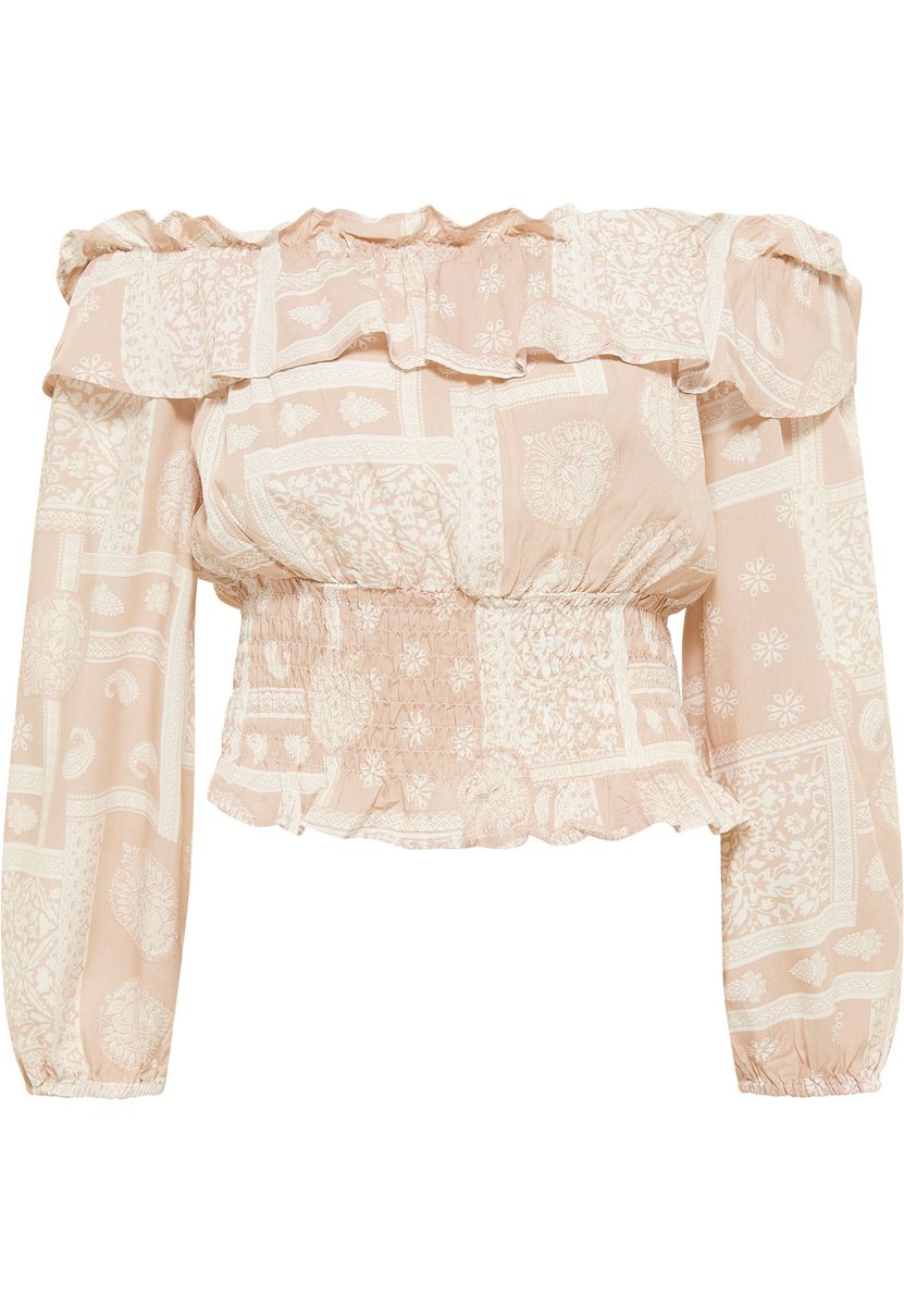 Schulterfreie Paisley-Bluse mit Smok-Saum